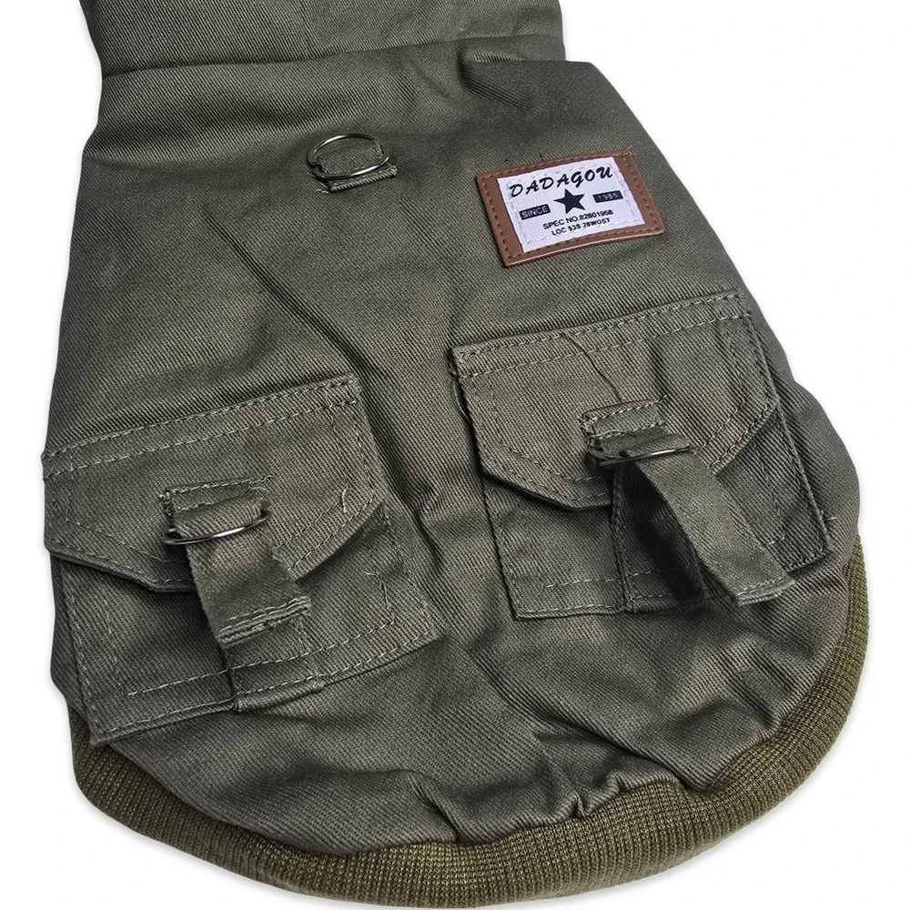Dog Parka Jacket Medium Olive Green Faux Fur Hood Fleece Lined